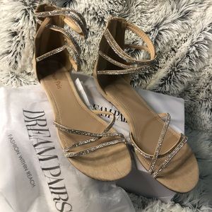 Strappy, rhinestone, formal women’s sandals six 11 nude/cream